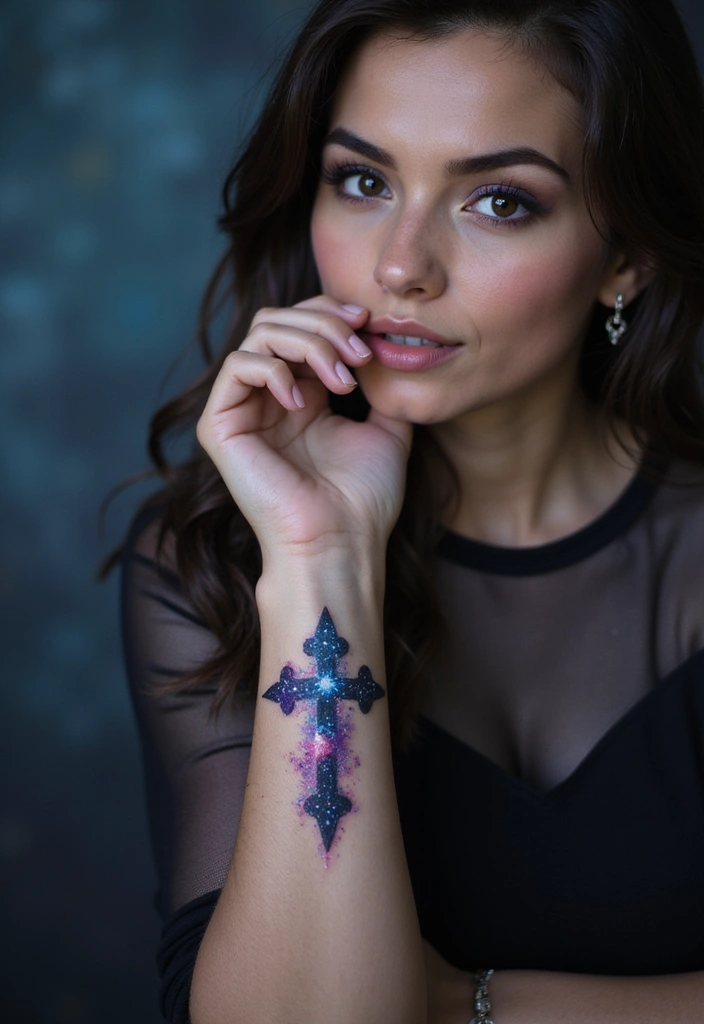 41+ Cross Tattoos For Women On Wrist: Subtle & Powerful Designs - 29. Cross with a Galaxy Theme