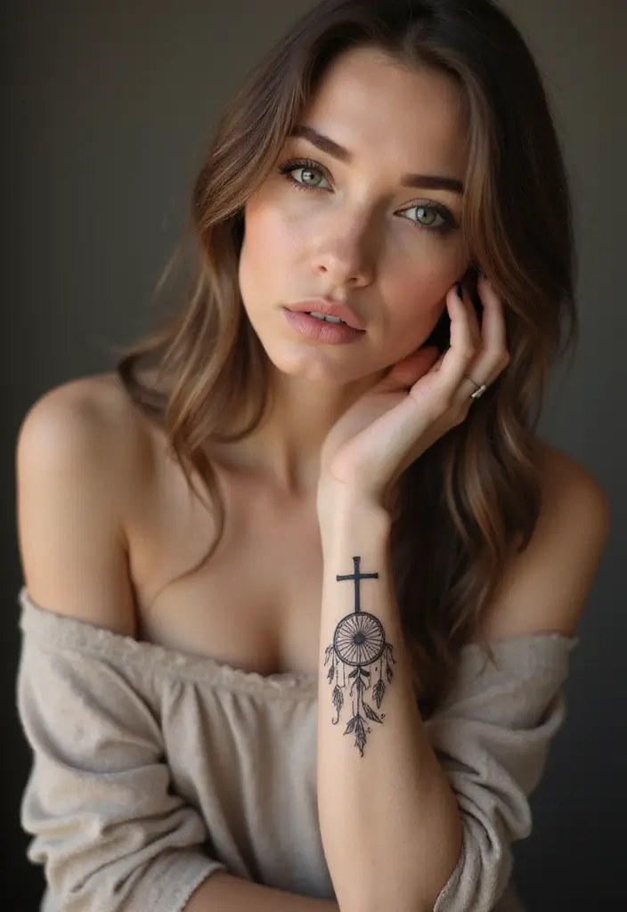41+ Cross Tattoos For Women On Wrist: Subtle & Powerful Designs - 31. Cross with a Dreamcatcher