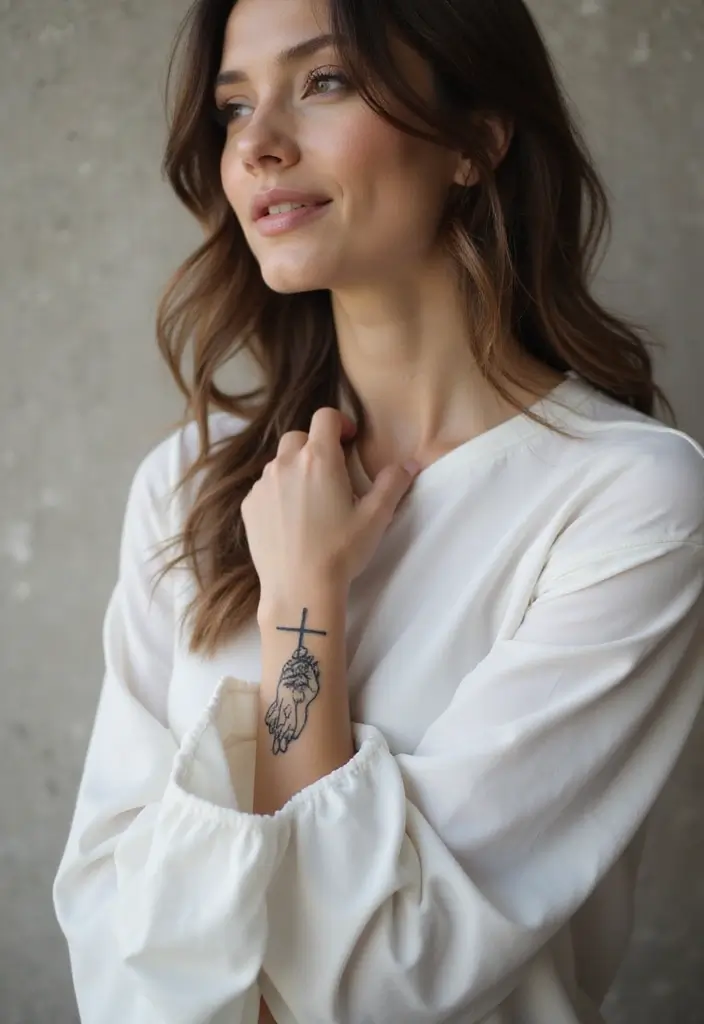 41+ Cross Tattoos For Women On Wrist: Subtle & Powerful Designs - 35. Cross with a Hand
