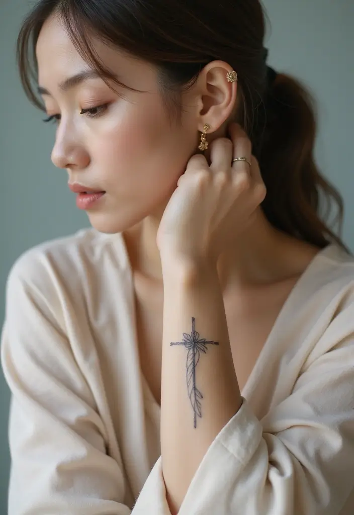 41+ Cross Tattoos For Women On Wrist: Subtle & Powerful Designs - 8. Cross with Feather
