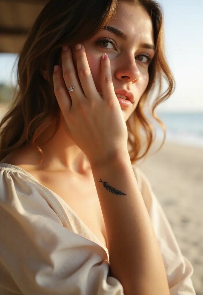 42+ Small Cross Tattoos For Women: Minimalist Faith Symbols - 14. Cross with a Feather