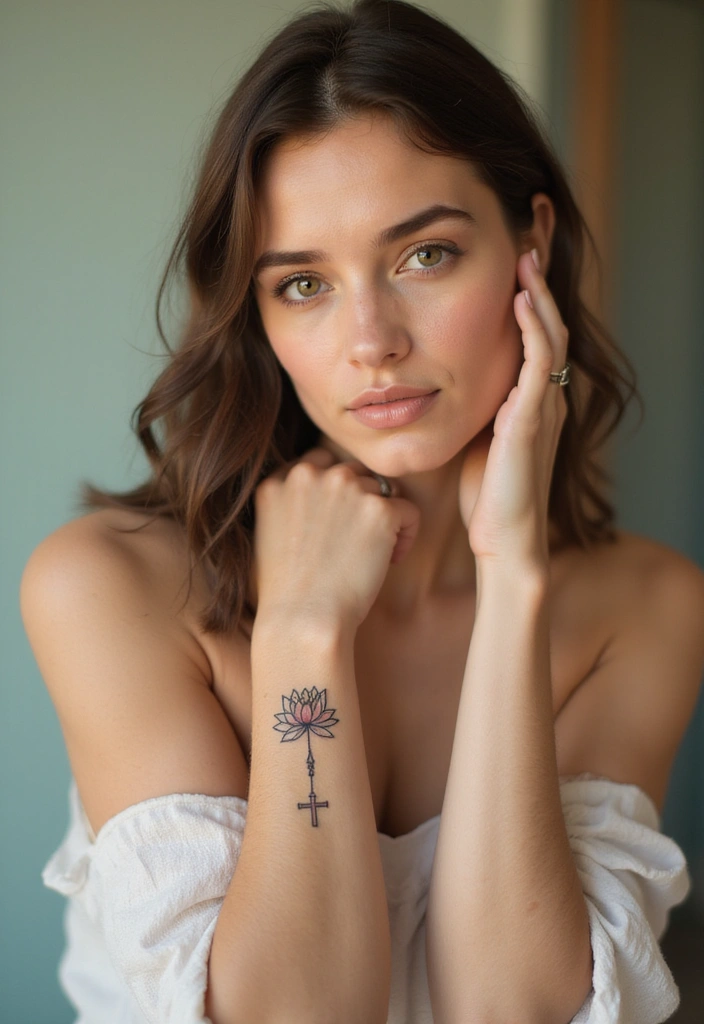 42+ Small Cross Tattoos For Women: Minimalist Faith Symbols - 23. Cross with a Lotus