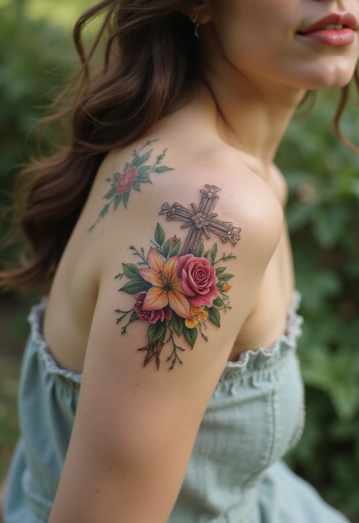 42+ Small Cross Tattoos For Women: Minimalist Faith Symbols - 3. Cross with Floral Accents
