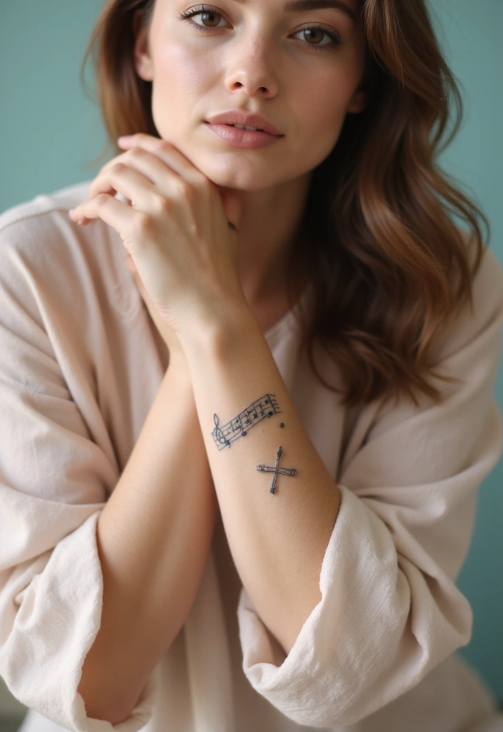 42+ Small Cross Tattoos For Women: Minimalist Faith Symbols - 36. Cross with Music Notes