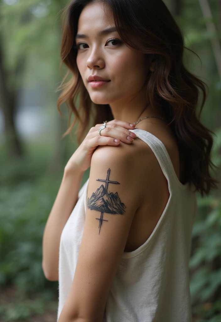 42+ Small Cross Tattoos For Women: Minimalist Faith Symbols - 41. Cross with a Mountain