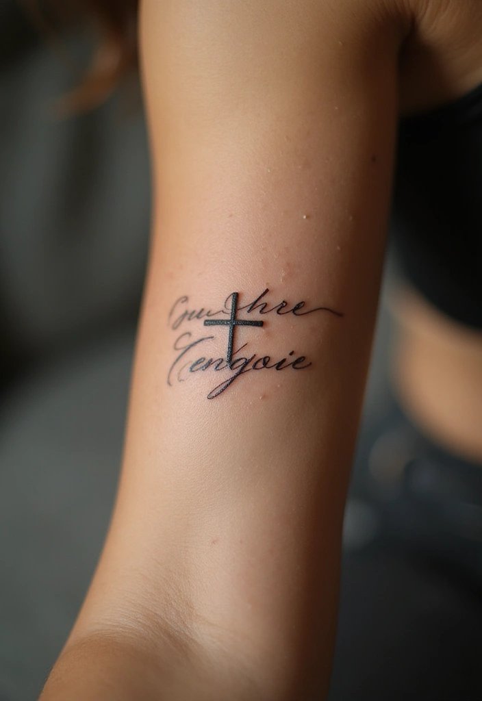 42+ Small Cross Tattoos For Women: Minimalist Faith Symbols - 8. Cross with Script