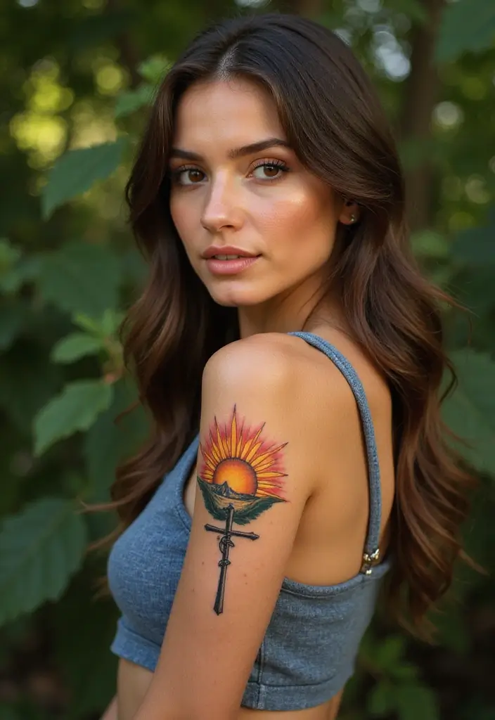 43+ Small Christian Tattoos For Women: Meaningful Spiritual Ink - 11. Sun and Cross