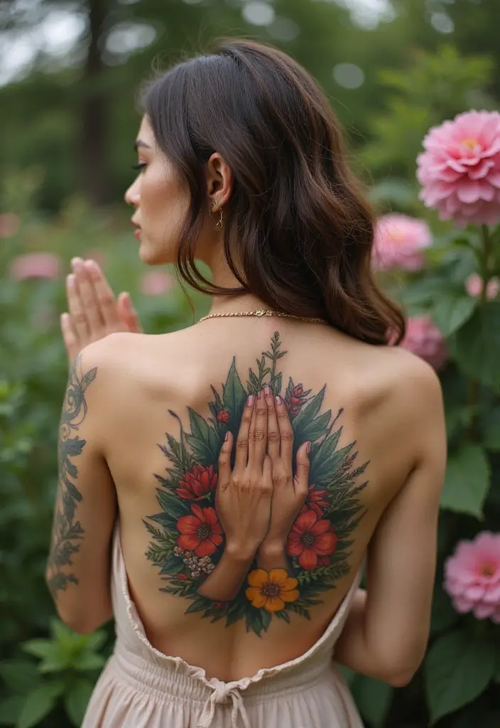 43+ Small Christian Tattoos For Women: Meaningful Spiritual Ink - 12. Hands in Prayer with Floral Surroundings