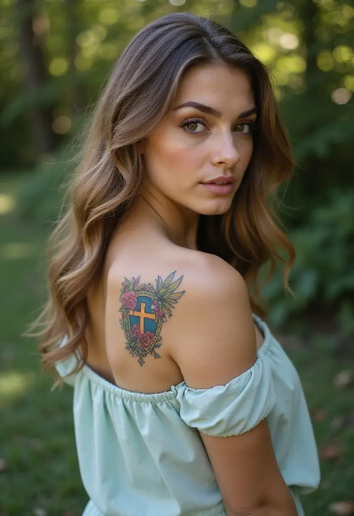 43+ Small Christian Tattoos For Women: Meaningful Spiritual Ink - 20. Shield with a Cross