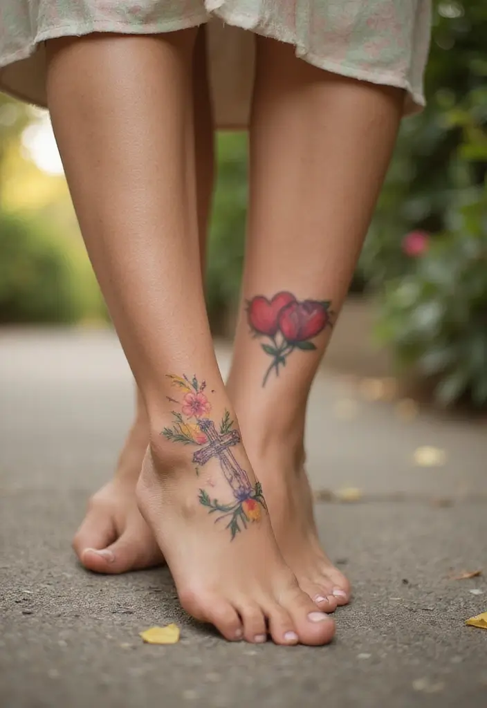 43+ Small Christian Tattoos For Women: Meaningful Spiritual Ink - 23. Small Two Hearts with a Cross