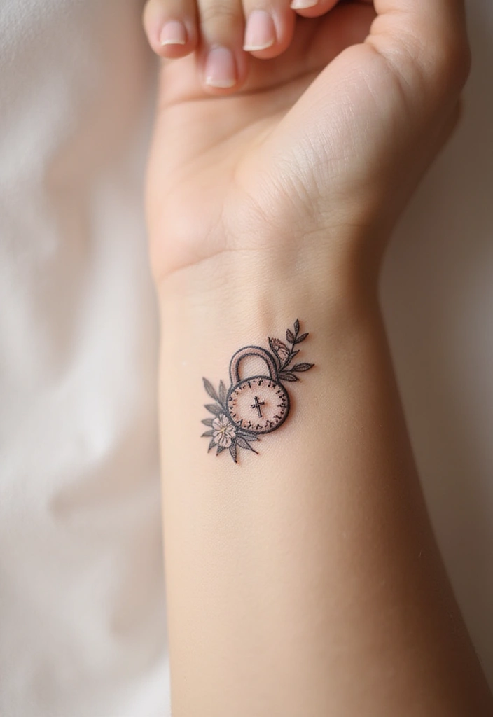 43+ Small Christian Tattoos For Women: Meaningful Spiritual Ink - 27. Small Lock and Cross