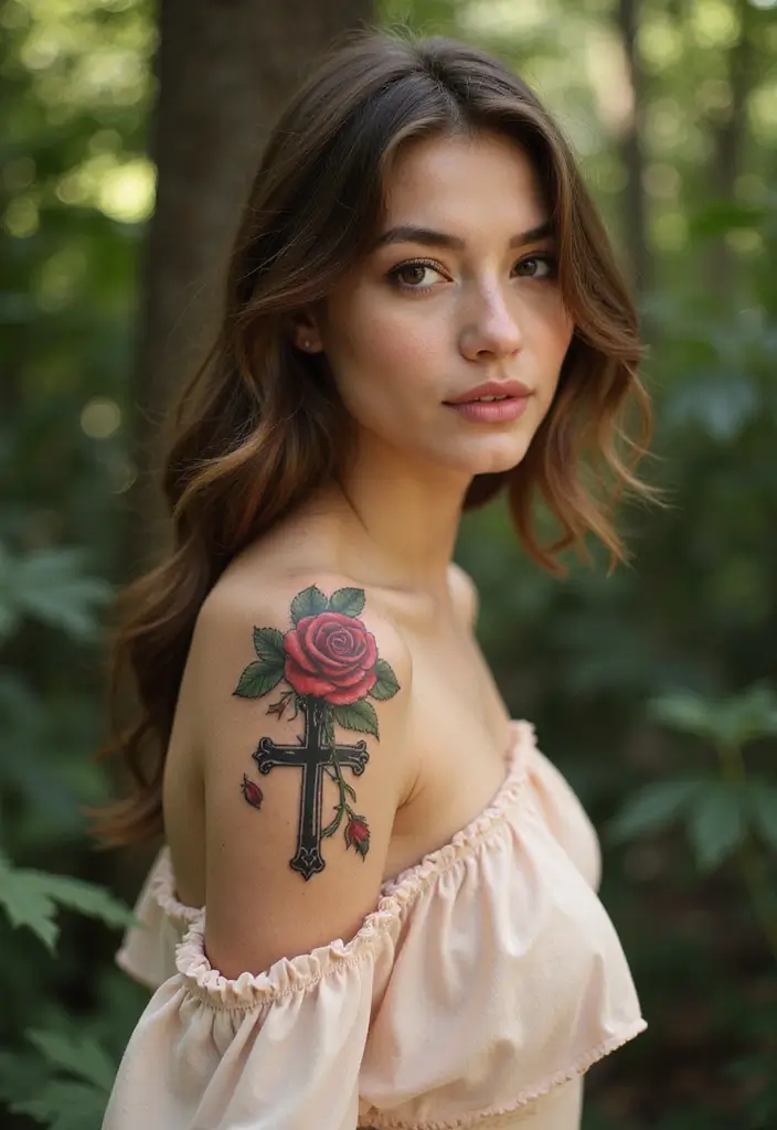 43+ Small Christian Tattoos For Women: Meaningful Spiritual Ink - 30. Small Rose with a Cross