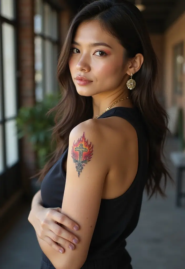 43+ Small Christian Tattoos For Women: Meaningful Spiritual Ink - 32. Small Cross with Flames