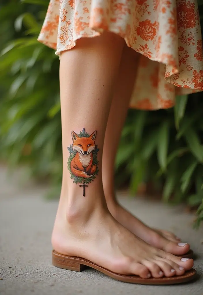 43+ Small Christian Tattoos For Women: Meaningful Spiritual Ink - 38. Small Fox with a Cross