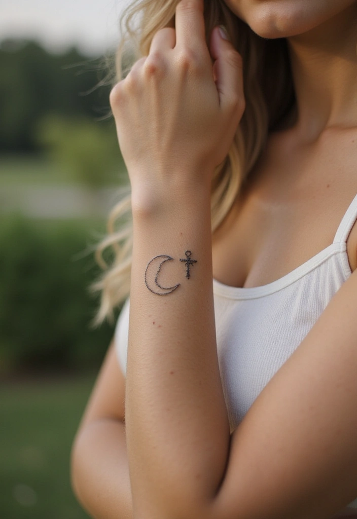 44+ Christian Tattoos For Women Unique: Creative Faith-Based Designs - 17. Minimalist Moon and Cross