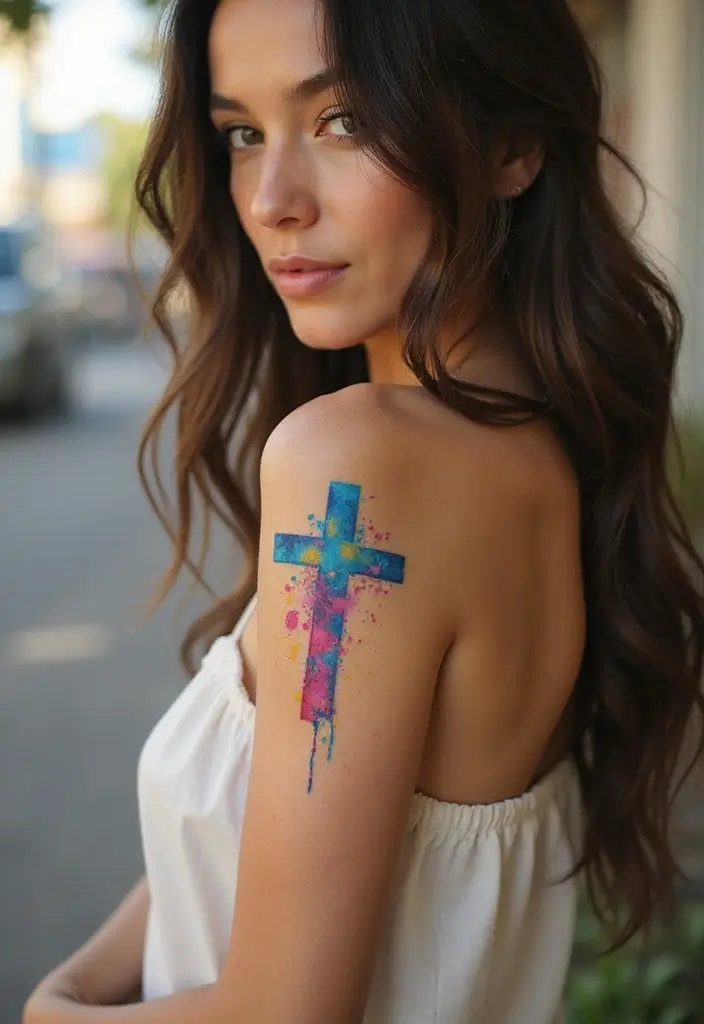 44+ Christian Tattoos For Women Unique: Creative Faith-Based Designs - 19. Watercolor Cross