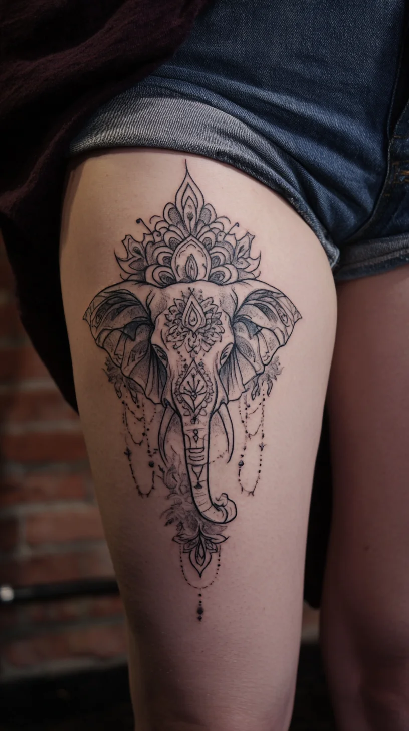 A Bamboo Elephant Mandala Tattoo on Woman's Thigh