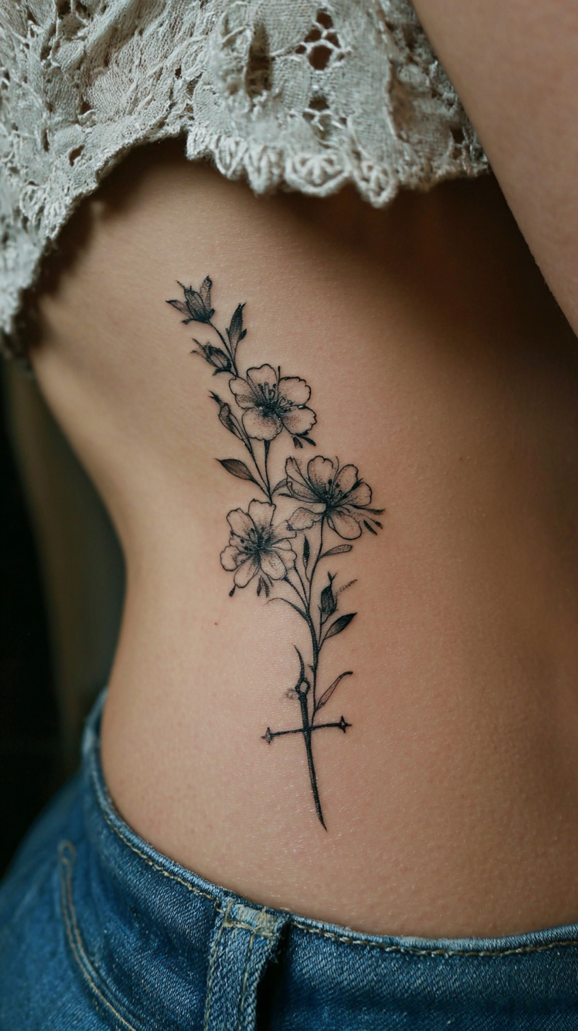 A Small Black Floral Cross Tattoo on Side