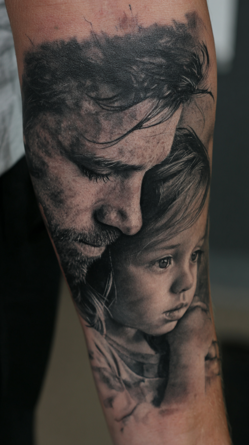 Beautiful Black and Gray Mom-and-Dad Tattoo