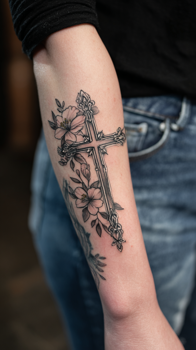 Black Celestial Cross with Floral Accent on Arm