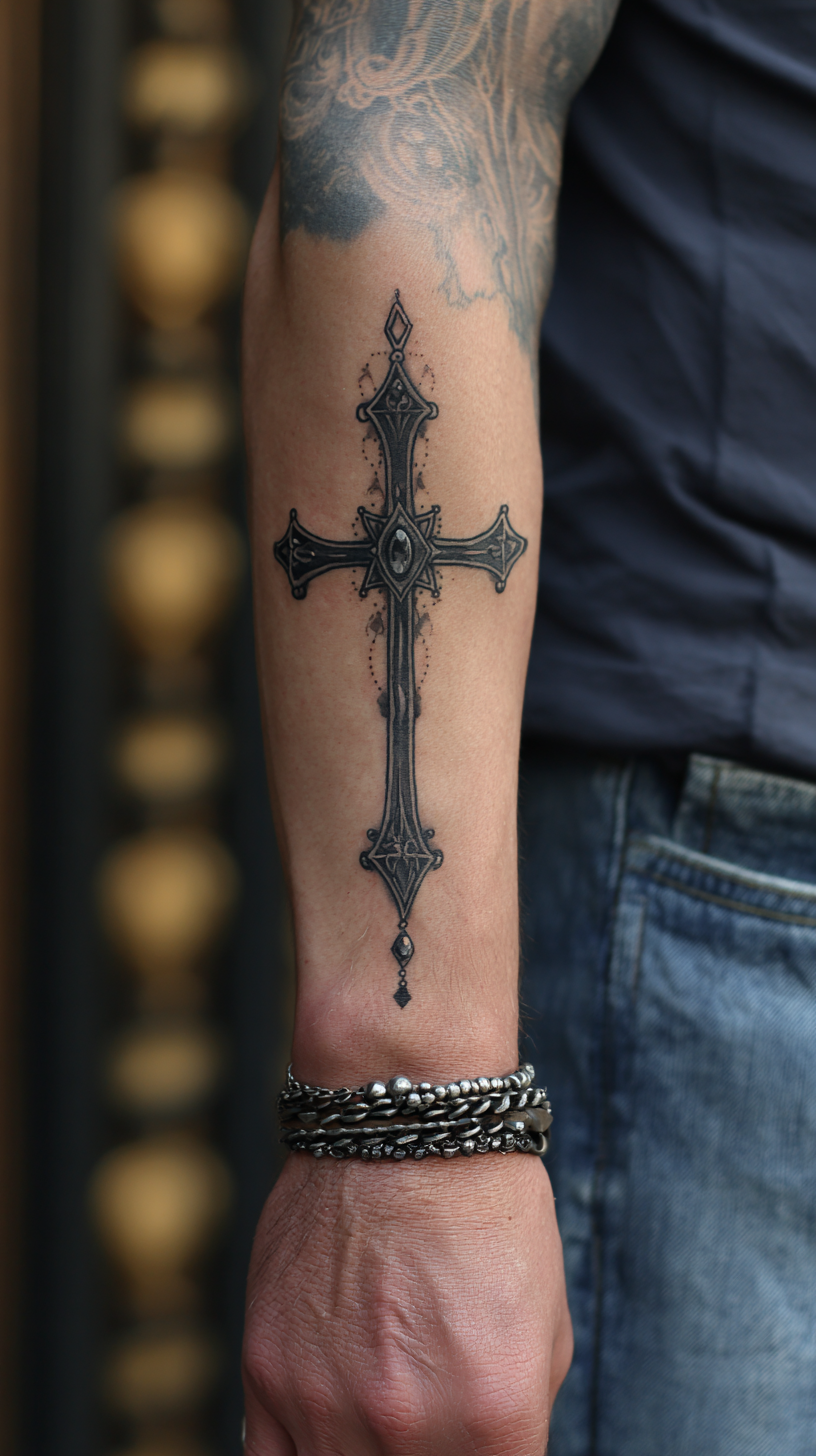Black Ethereal Cross with Gemstone Accent on Arm