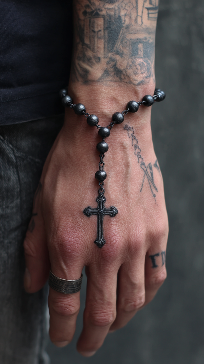 Black Rosary and Cross Tattoo on Wrist and Hand