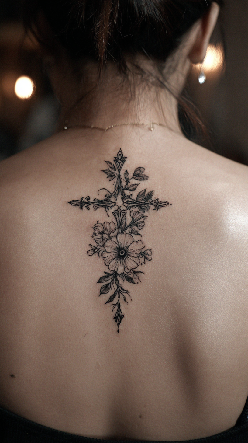 Black and Gray Floral-Entwined Cross Tattoo on Back