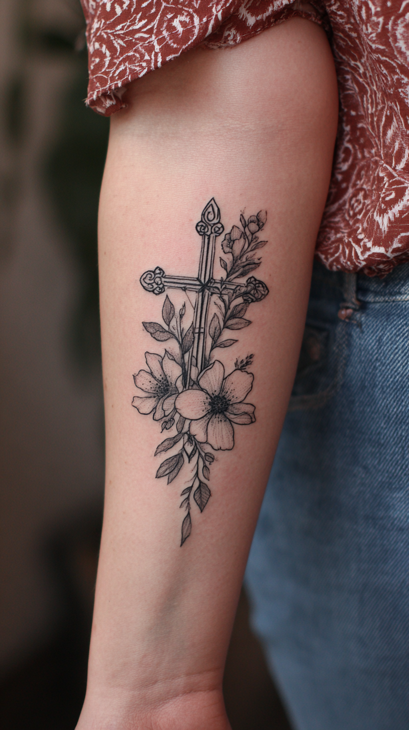 Black and Gray Floral-Entwined Cross Tattoo on Forearm