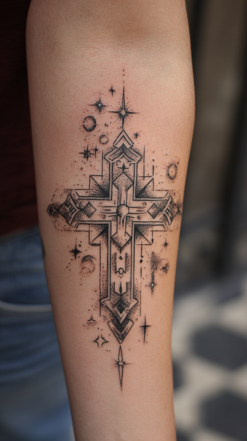 Black and Gray Geometric Cross with Celestial Accents on Arm