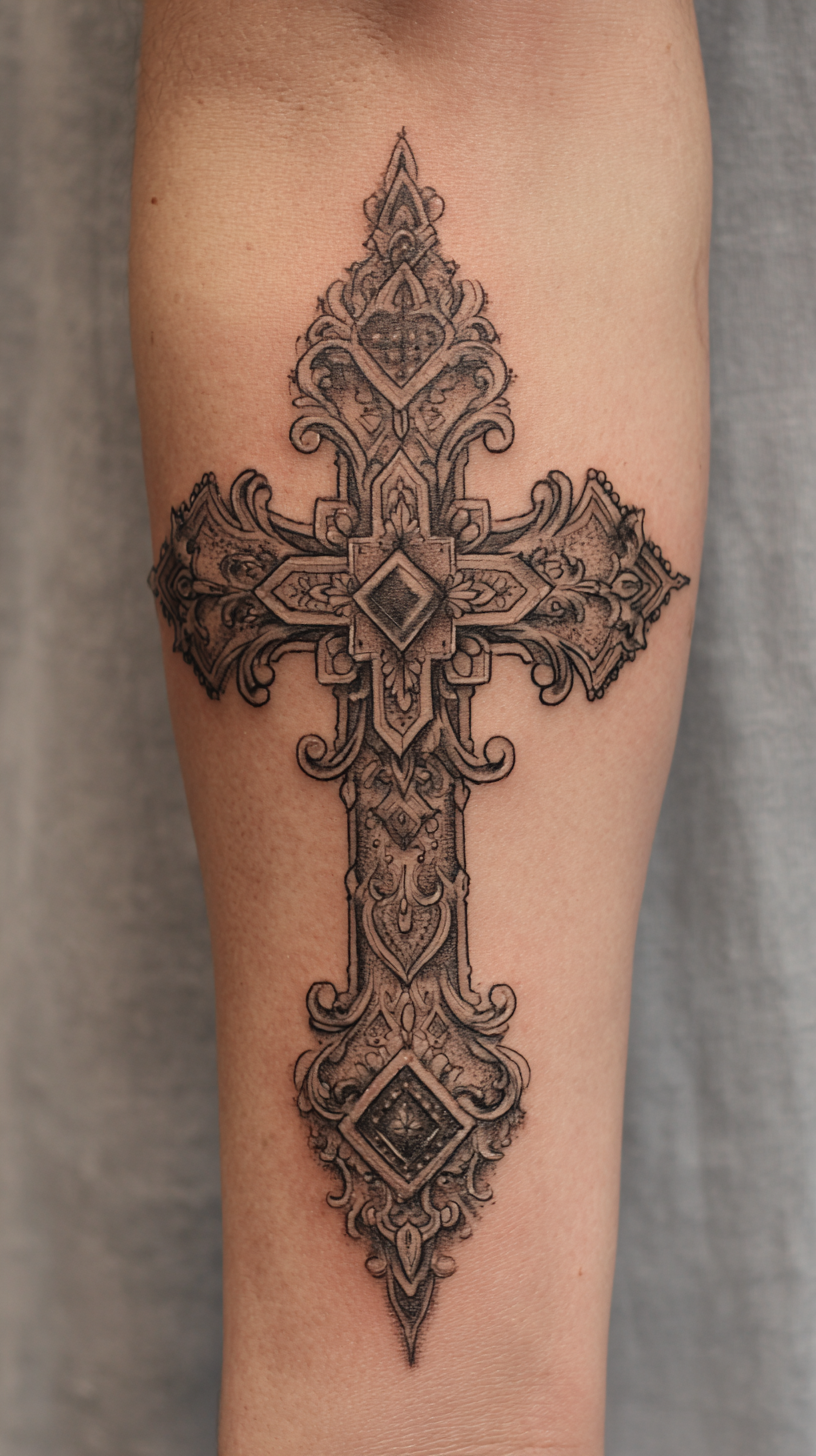 Black and Gray Ornate Cross Tattoo on Forearm