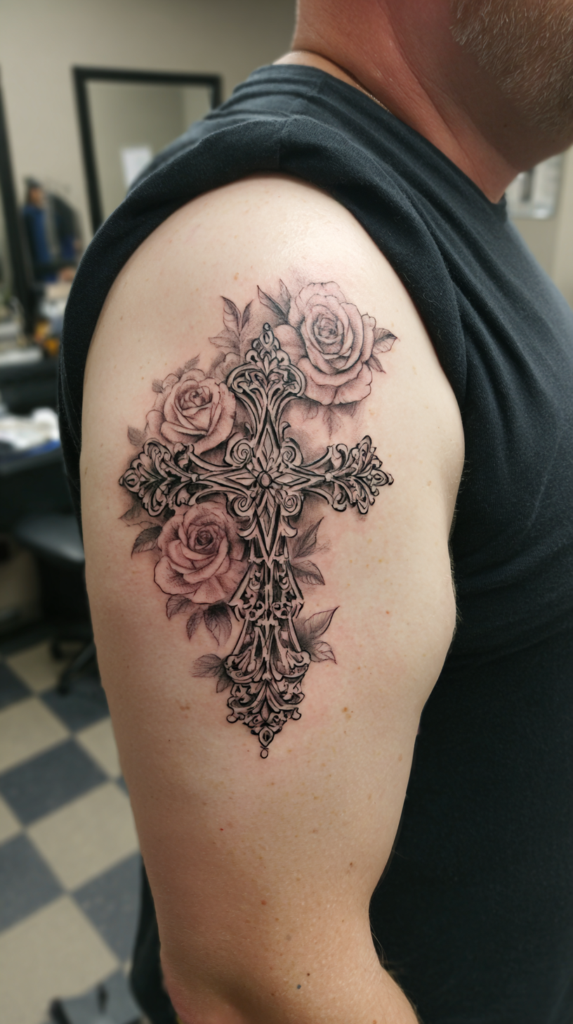 Simple Black Cross Tattoo on Upper Back