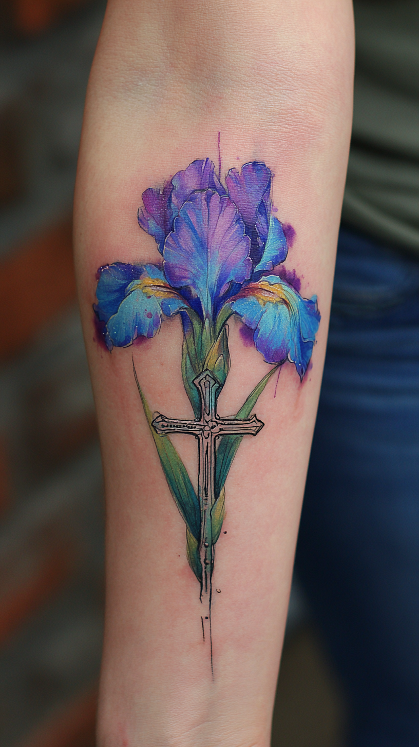 Blue Iris And Cross Tattoo on Woman’s Forearm