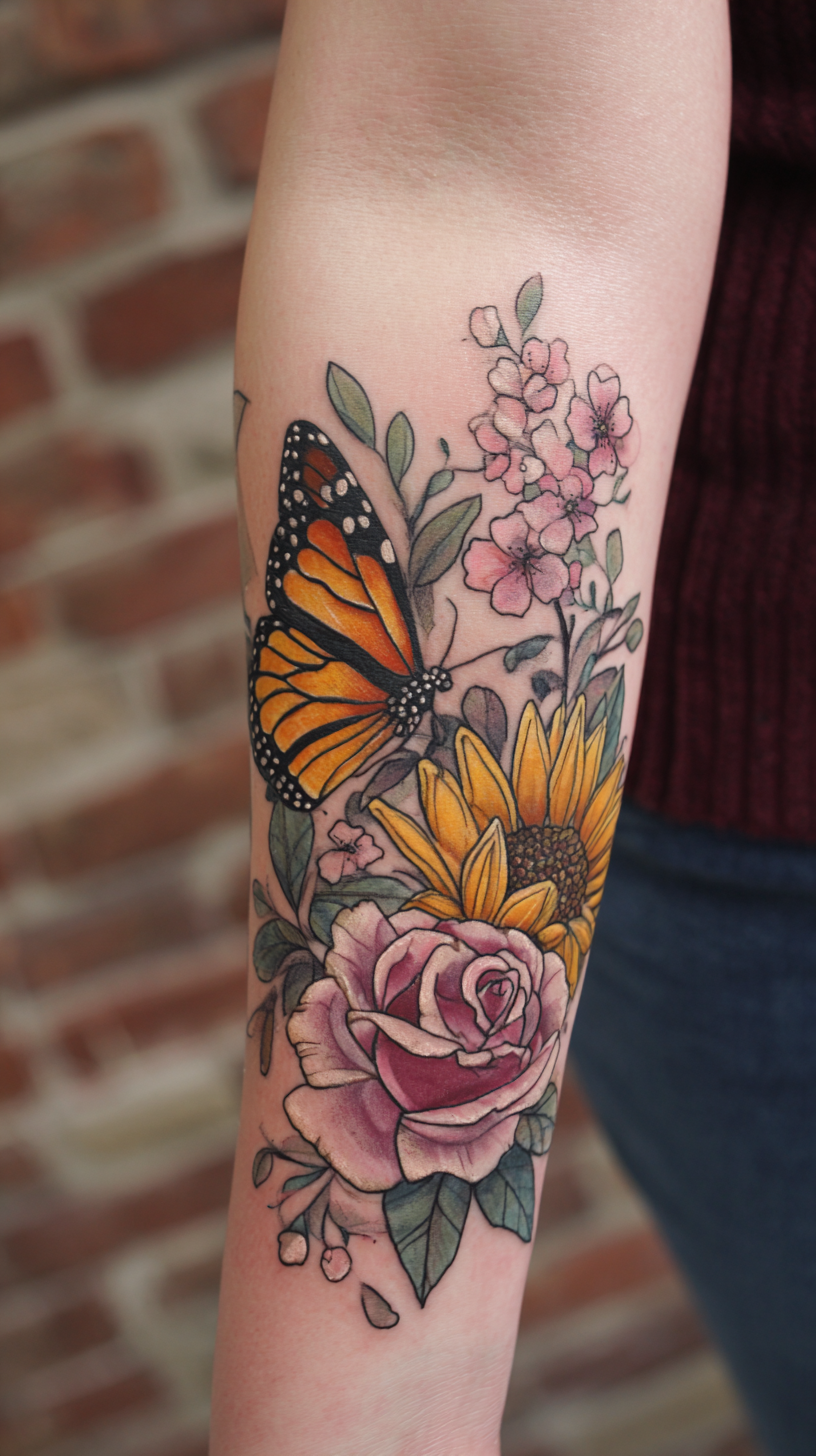 Butterfly tattoos combined with natural elements