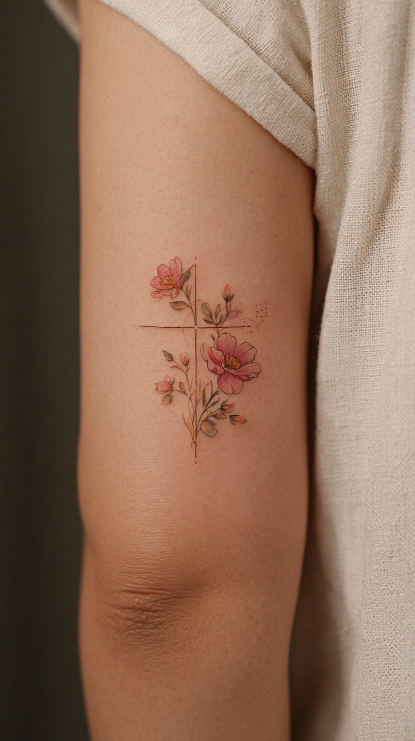 Delicate Floral Cross Tattoo on Arm