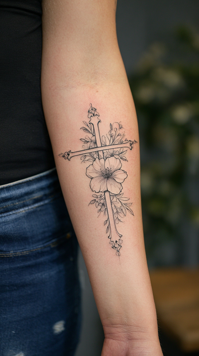 Delicate Floral Cross Tattoo on Arm