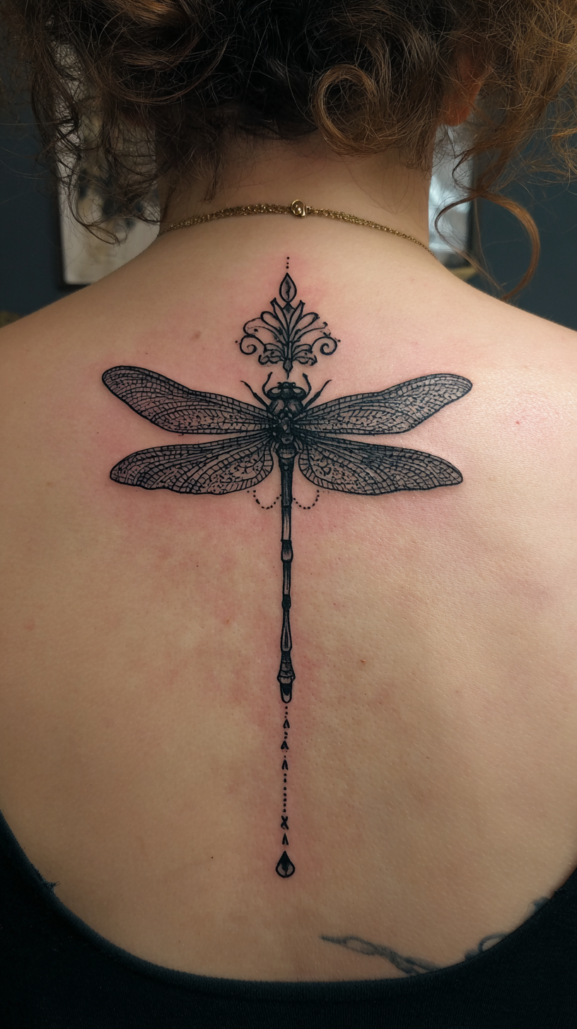 Dragonfly Spine Back Tattoo