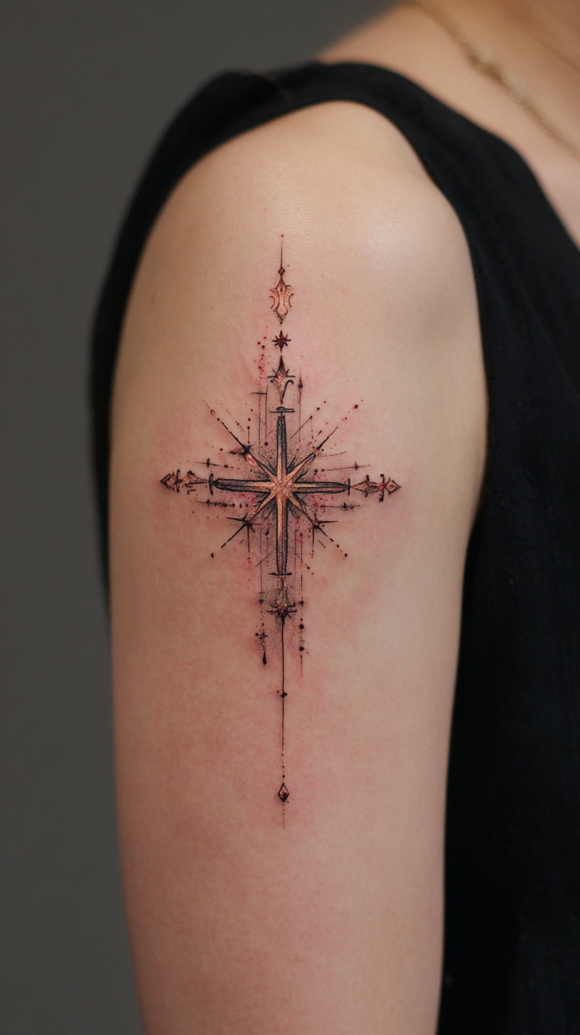 Ethereal Starburst Cross Tattoo on Upper Arm