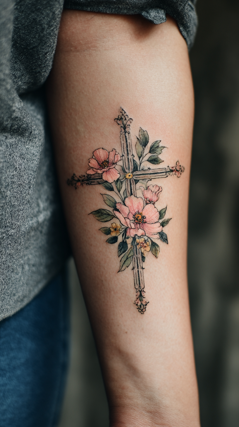 Floral Cross Arm Tattoo