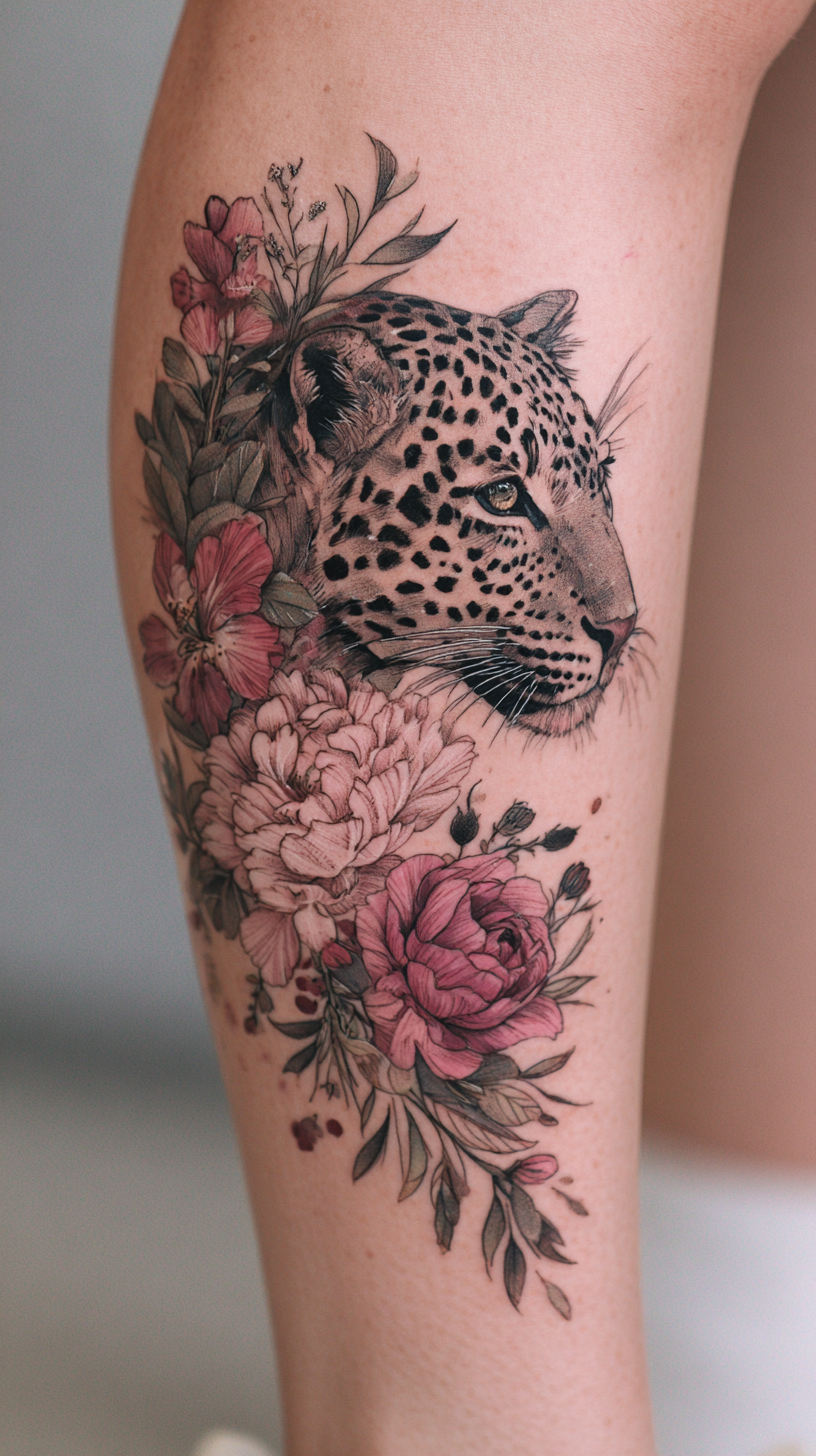 Floral leopard tattoo