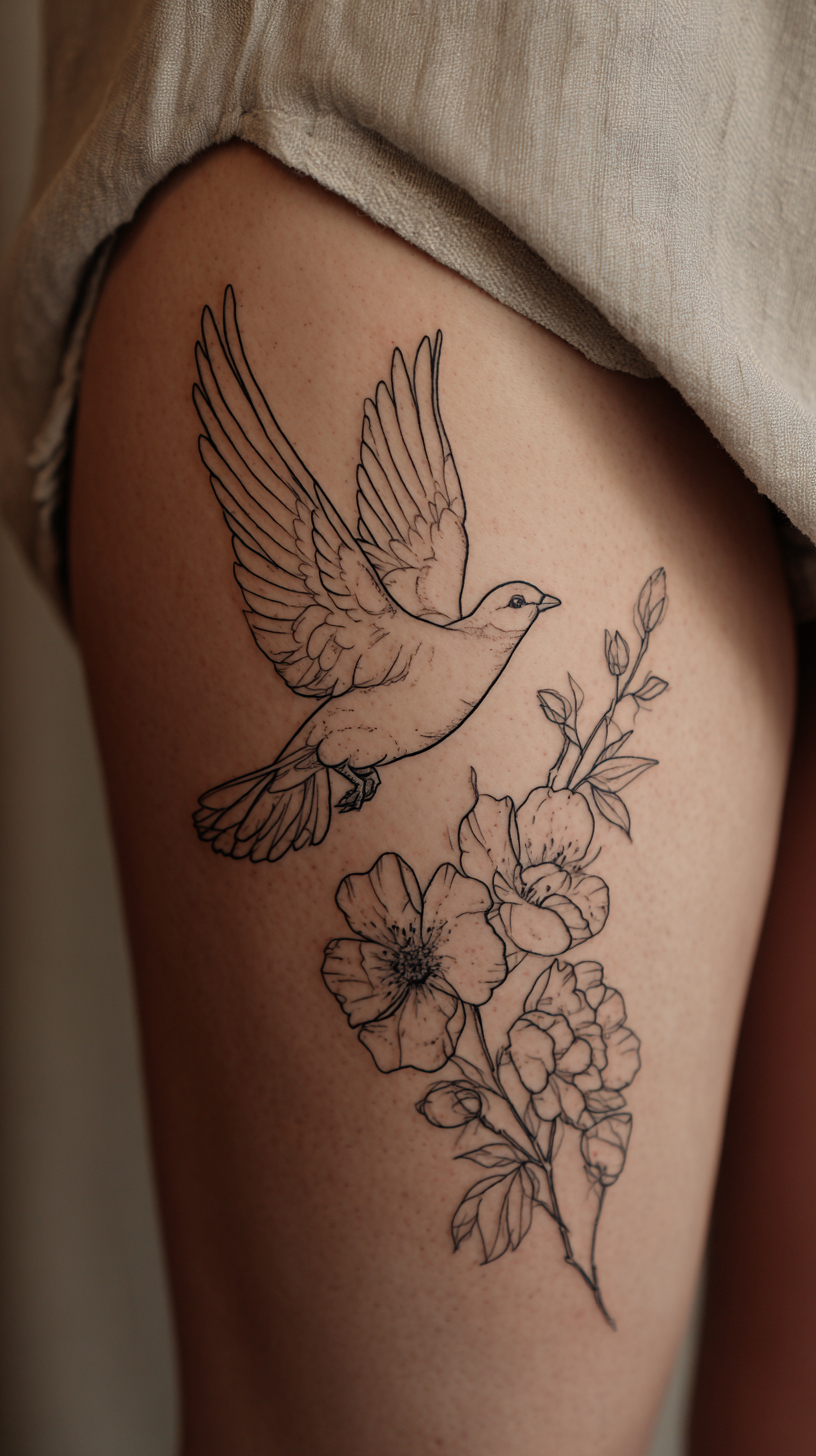 Line Art Dove Tattoo on Woman's Upper Thigh