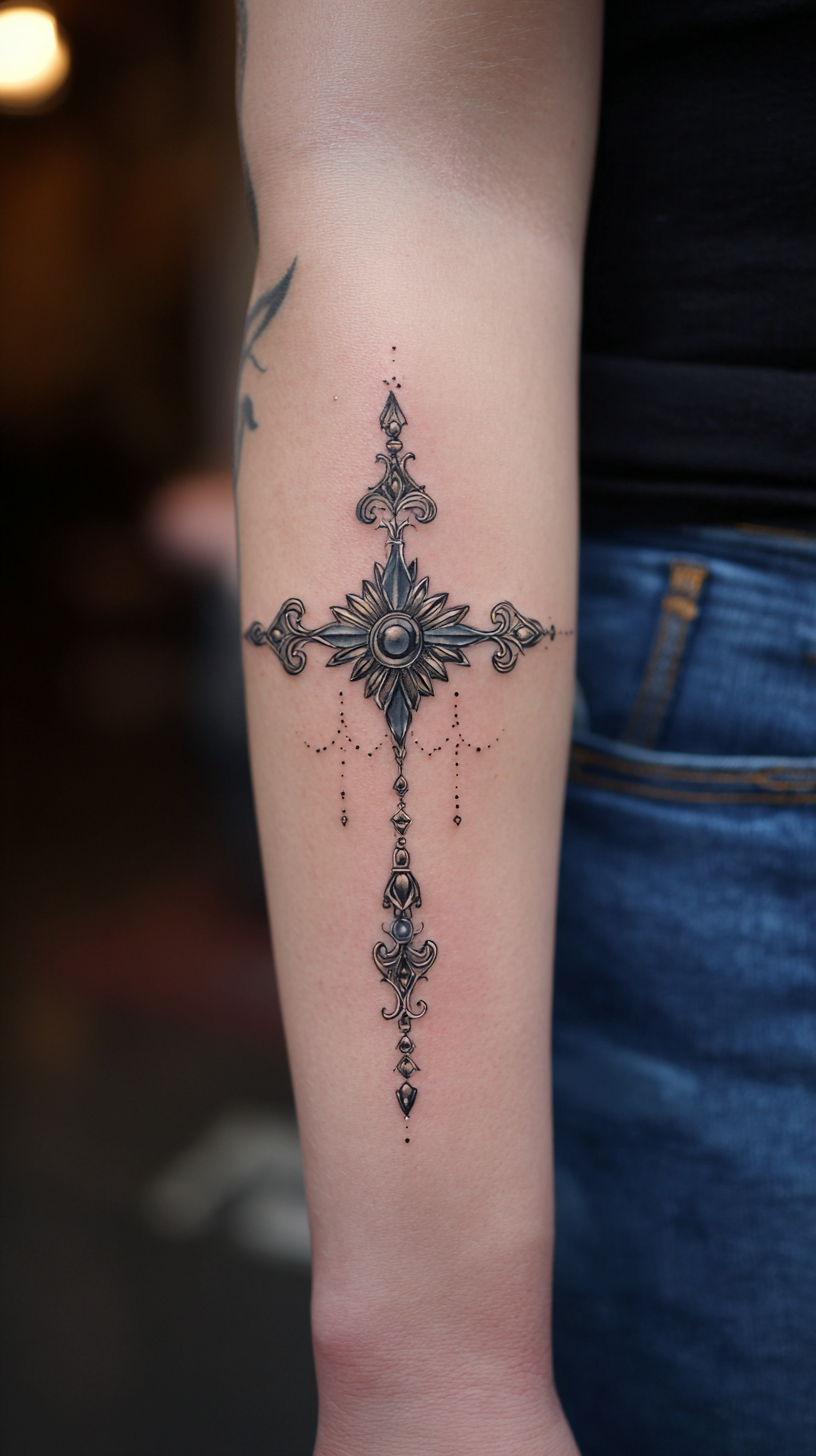 Metallic Jewel-Embellished Cross Tattoo on Arm