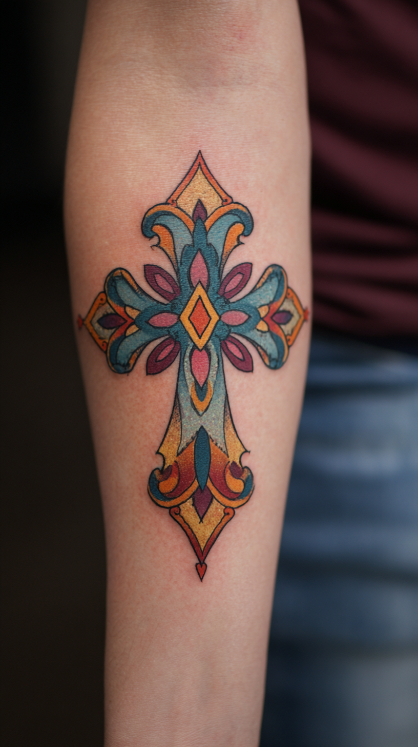 Ornate Colorful Cross Tattoo on Arm