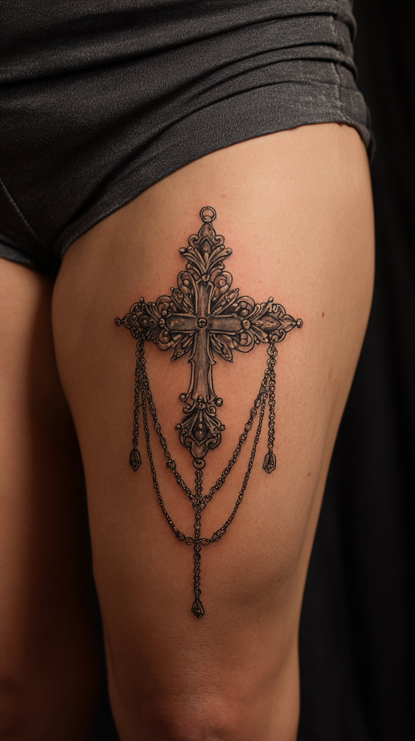 Ornate Metallic Cross with Chain Drapery on Thigh