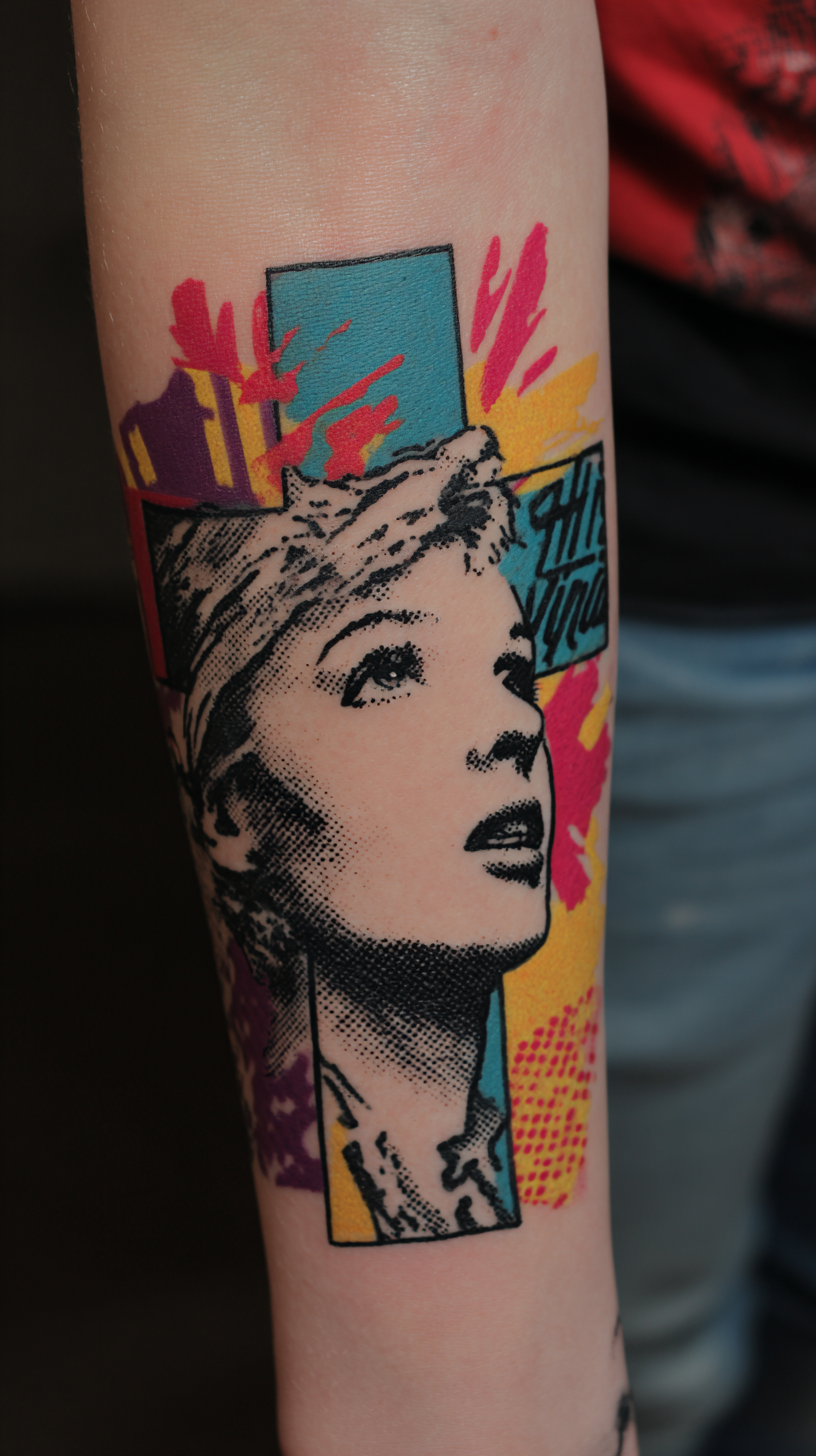 Pop Art Cross with "Virgin" Inscription Tattoo