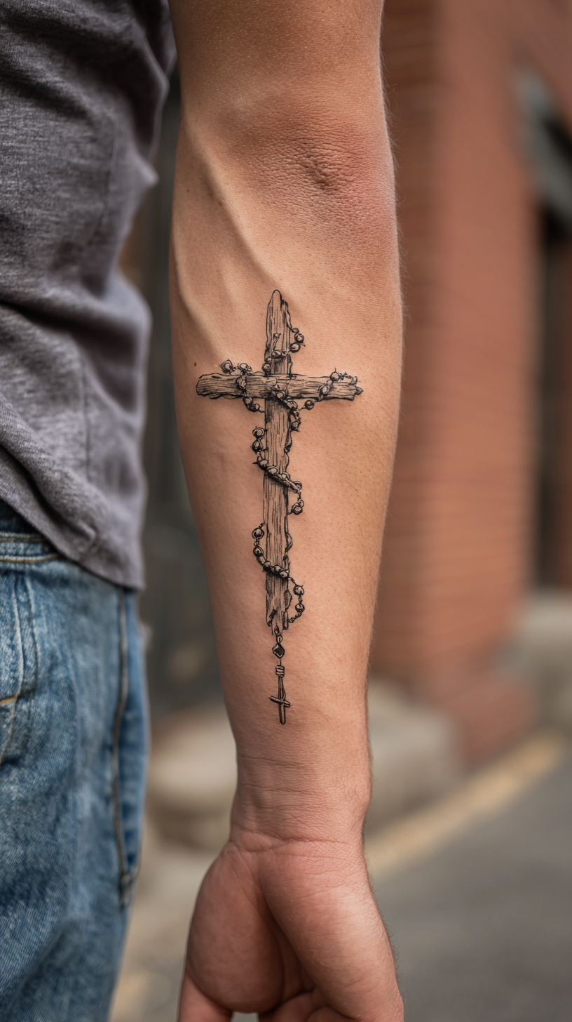 Rustic Cross with Entwined Rosary Tattoo on Forearm