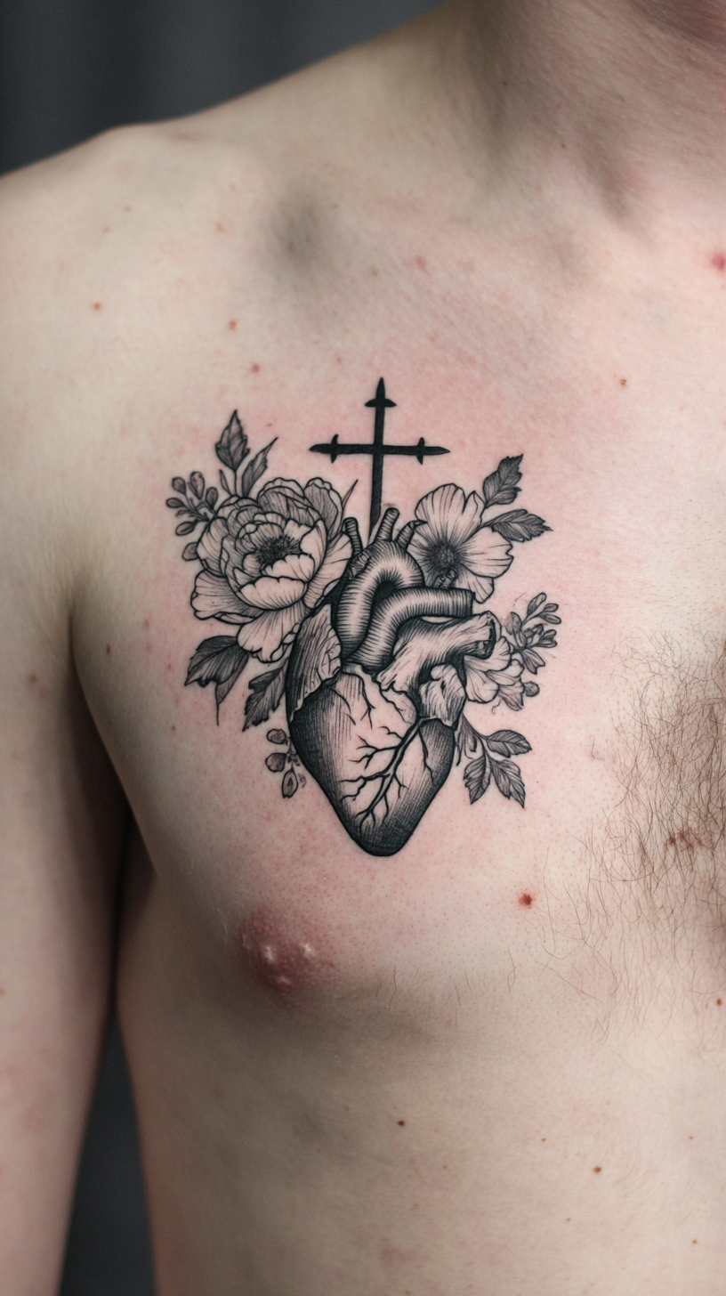 Sacred Floral Hearts with Cross Tattoo on Chest