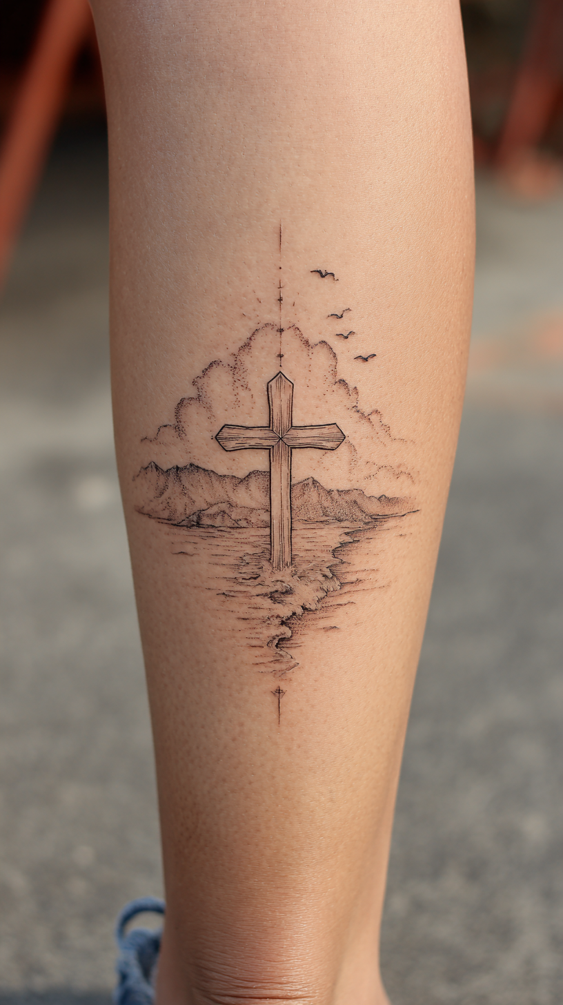Serene Coastal Cross Tattoo for Women