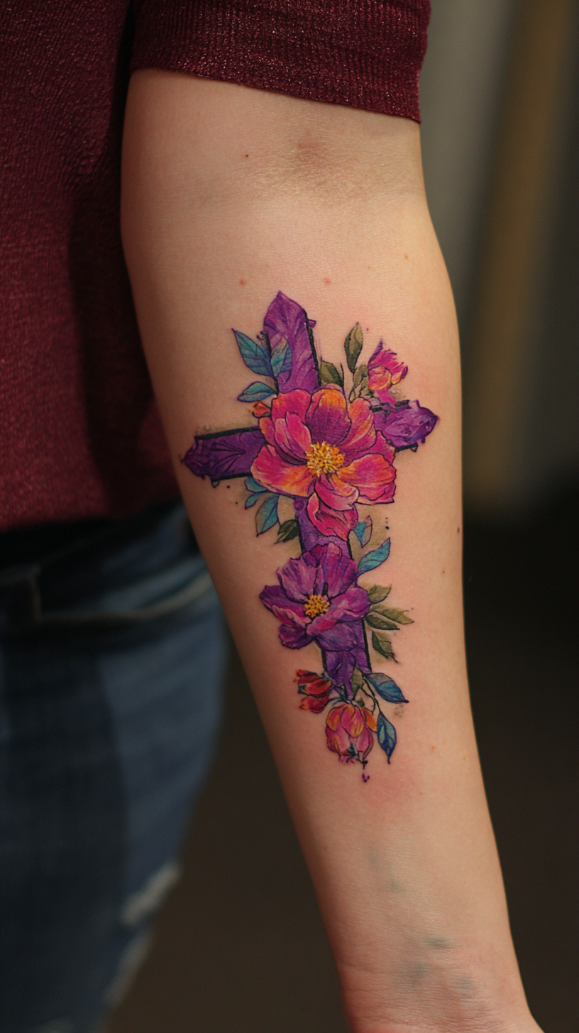 Vibrant Purple Floral Cross Tattoo on Arm