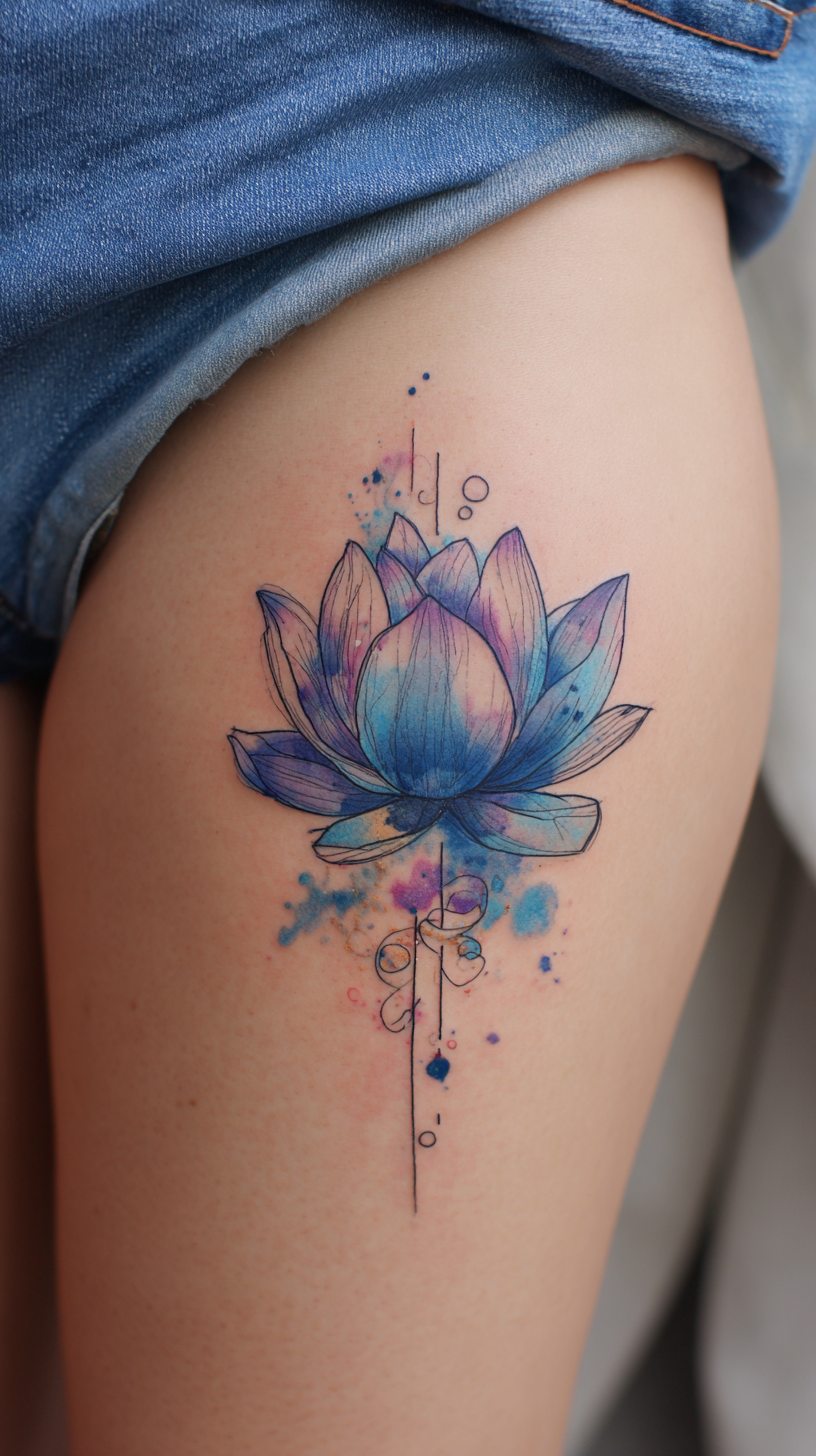 Watercolor Lotus Tattoo Design on Woman's Thigh
