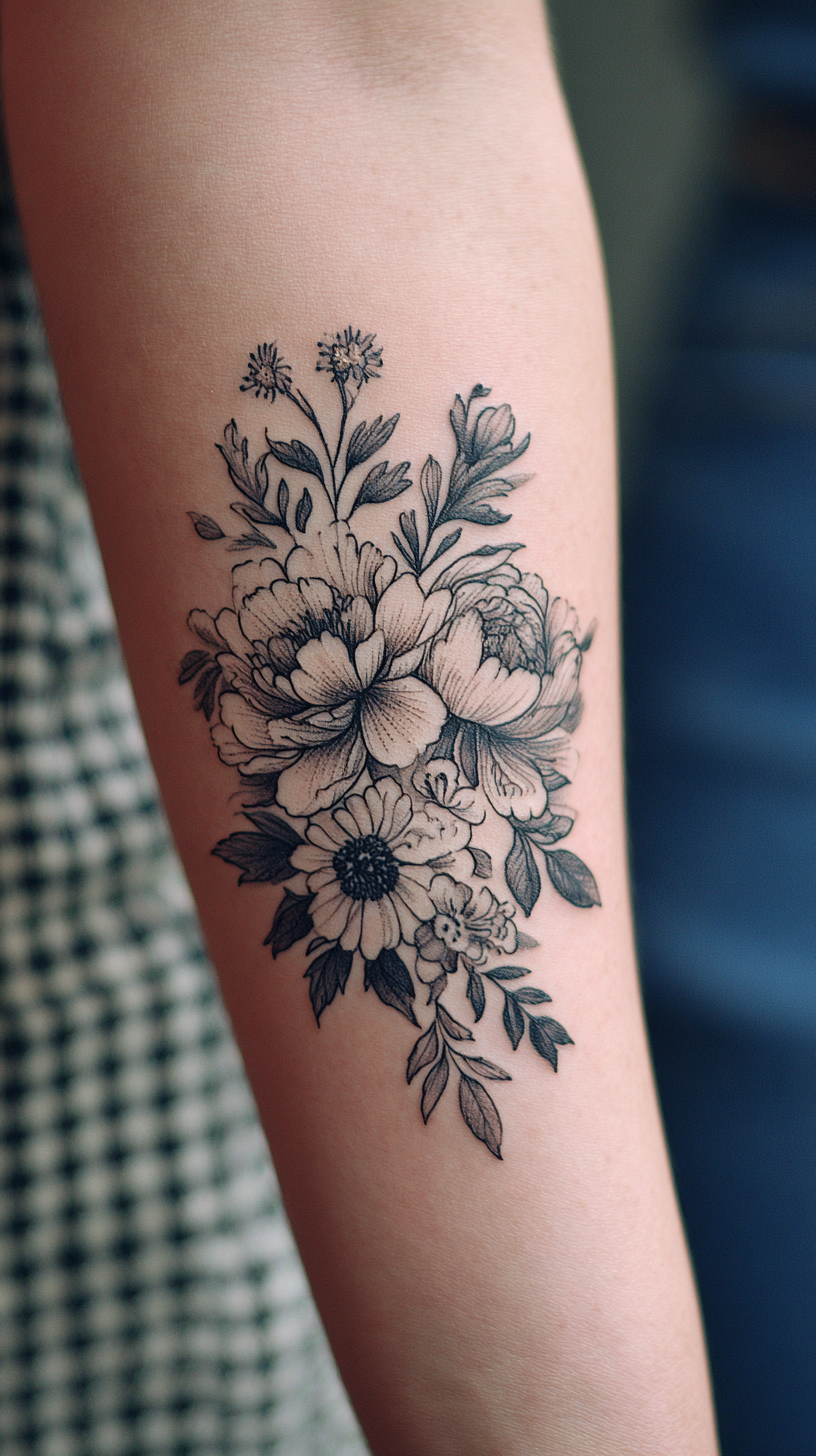 Women’s Black and Gray Floral Bouquet Tattoo on Forearm